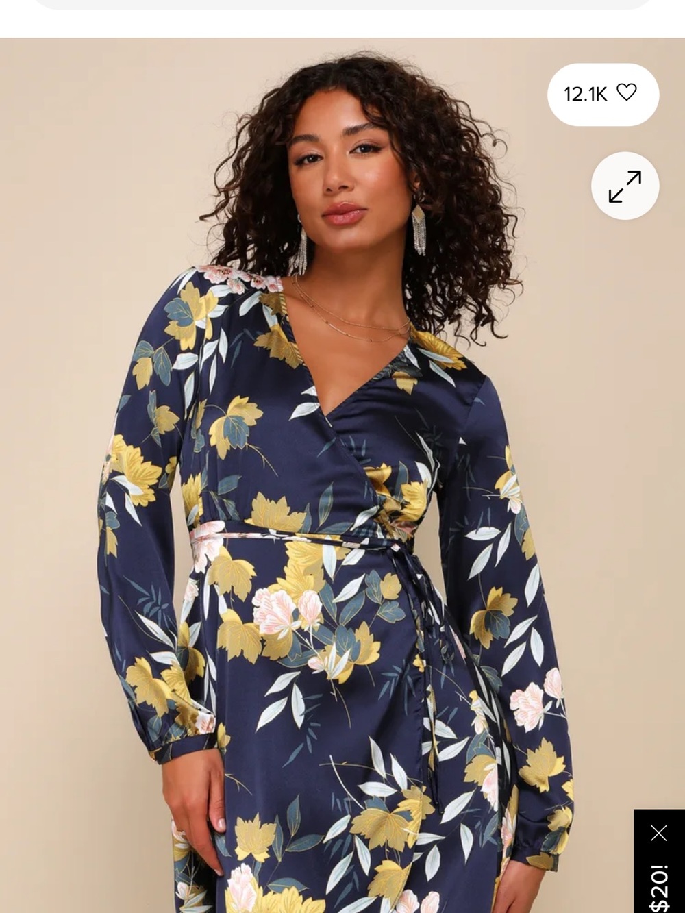 LULUS Floral Wrap Midi Dress - Navy with Yellow Floral